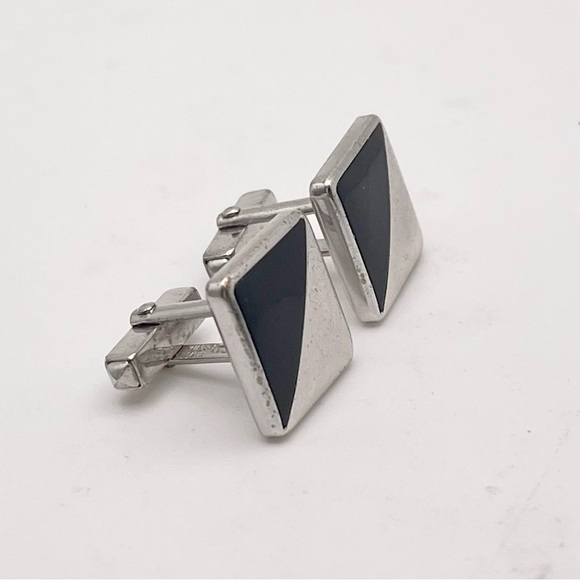 Elegant Vintage Anson Silver Tone a Black Cufflinks With Geometric Block Design - Picture 5 of 12